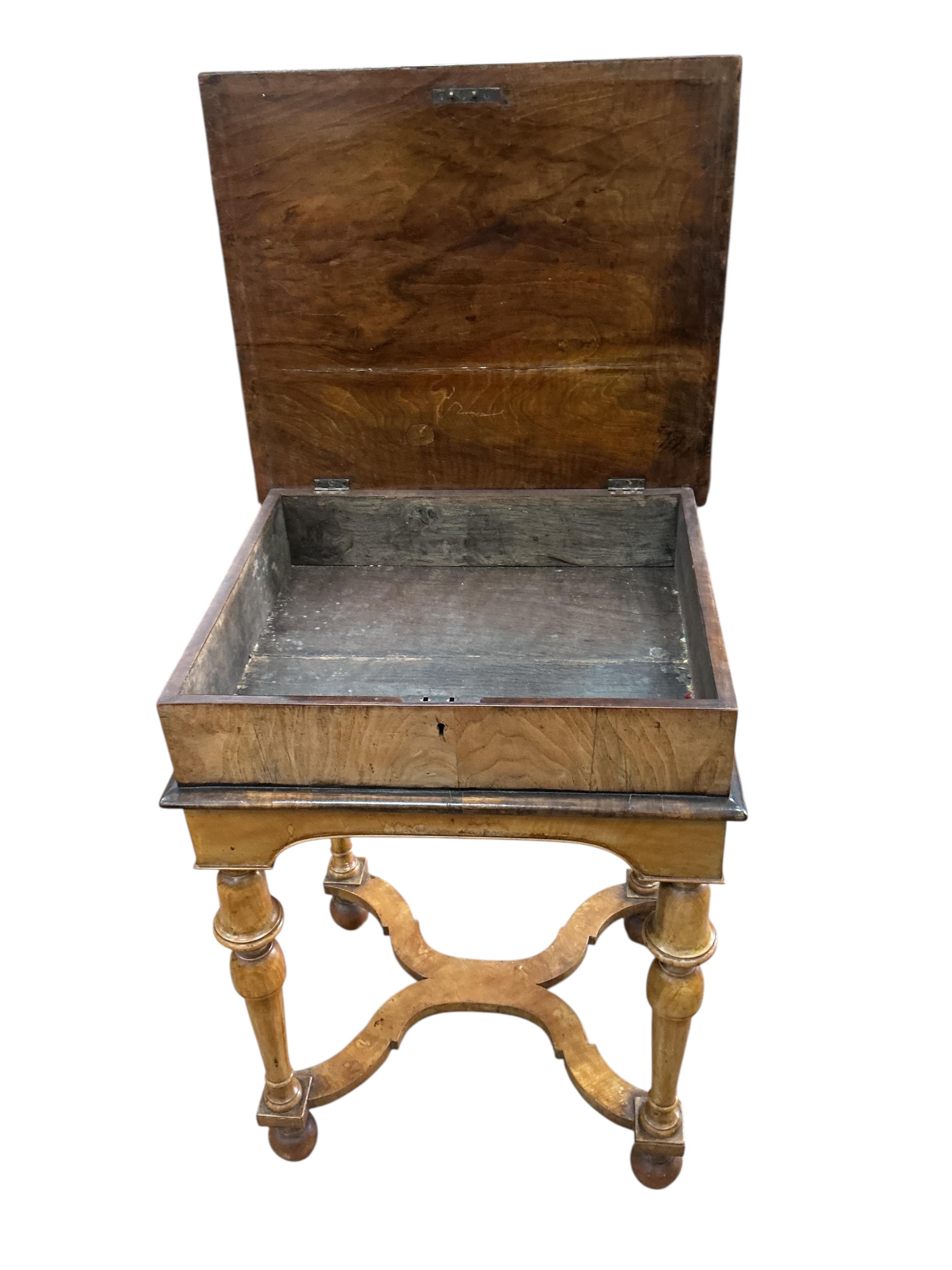 A William and Mary style walnut and oyster veneered box on stand, width 49cm, depth 43cm, height 69cm